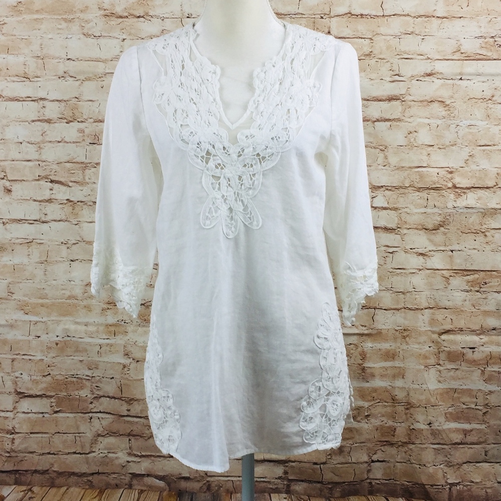 Chico's white embroidered linen tunic 0 lace